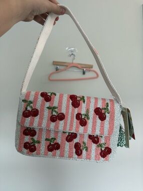 Beaded Cherry Stripe Shoulder Bag - Pink / White